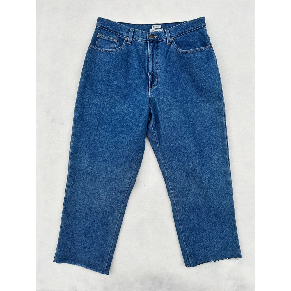 LL Bean Womens 12 Flannel Lined Jeans Relaxed Original Fit Raw Hem Plaid Denim